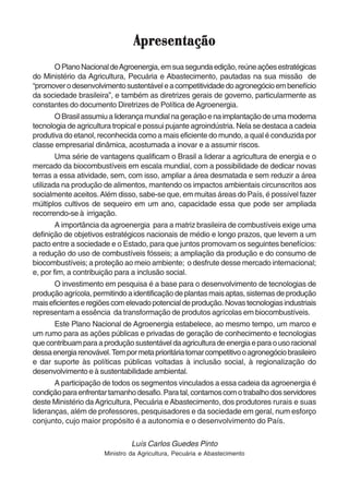 Apresentação 
O Plano Nacional de Agroenergia, em sua segunda edição, reúne ações estratégicas 
do Ministério da Agricultura, Pecuária e Abastecimento, pautadas na sua missão de 
“promover o desenvolvimento sustentável e a competitividade do agronegócio em benefício 
da sociedade brasileira”, e também as diretrizes gerais de governo, particularmente as 
constantes do documento Diretrizes de Política de Agroenergia. 
O Brasil assumiu a liderança mundial na geração e na implantação de uma moderna 
tecnologia de agricultura tropical e possui pujante agroindústria. Nela se destaca a cadeia 
produtiva do etanol, reconhecida como a mais eficiente do mundo, a qual é conduzida por 
classe empresarial dinâmica, acostumada a inovar e a assumir riscos. 
Uma série de vantagens qualificam o Brasil a liderar a agricultura de energia e o 
mercado da biocombustíveis em escala mundial, com a possibilidade de dedicar novas 
terras a essa atividade, sem, com isso, ampliar a área desmatada e sem reduzir a área 
utilizada na produção de alimentos, mantendo os impactos ambientais circunscritos aos 
socialmente aceitos. Além disso, sabe-se que, em muitas áreas do País, é possível fazer 
múltiplos cultivos de sequeiro em um ano, capacidade essa que pode ser ampliada 
recorrendo-se à irrigação. 
A importância da agroenergia para a matriz brasileira de combustíveis exige uma 
definição de objetivos estratégicos nacionais de médio e longo prazos, que levem a um 
pacto entre a sociedade e o Estado, para que juntos promovam os seguintes benefícios: 
a redução do uso de combustíveis fósseis; a ampliação da produção e do consumo de 
biocombustíveis; a proteção ao meio ambiente; o desfrute desse mercado internacional; 
e, por fim, a contribuição para a inclusão social. 
O investimento em pesquisa é a base para o desenvolvimento de tecnologias de 
produção agrícola, permitindo a identificação de plantas mais aptas, sistemas de produção 
mais eficientes e regiões com elevado potencial de produção. Novas tecnologias industriais 
representam a essência da transformação de produtos agrícolas em biocombustíveis. 
Este Plano Nacional de Agroenergia estabelece, ao mesmo tempo, um marco e 
um rumo para as ações públicas e privadas de geração de conhecimento e tecnologias 
que contribuam para a produção sustentável da agricultura de energia e para o uso racional 
dessa energia renovável. Tem por meta prioritária tornar competitivo o agronegócio brasileiro 
e dar suporte às políticas públicas voltadas à inclusão social, à regionalização do 
desenvolvimento e à sustentabilidade ambiental. 
A participação de todos os segmentos vinculados a essa cadeia da agroenergia é 
condição para enfrentar tamanho desafio. Para tal, contamos com o trabalho dos servidores 
deste Ministério da Agricultura, Pecuária e Abastecimento, dos produtores rurais e suas 
lideranças, além de professores, pesquisadores e da sociedade em geral, num esforço 
conjunto, cujo maior propósito é a autonomia e o desenvolvimento do País. 
Luís Carlos Guedes Pinto 
Ministro da Agricultura, Pecuária e Abastecimento 
 