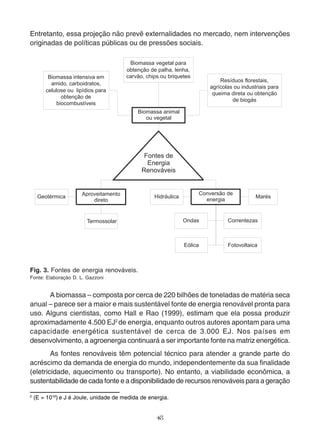 Entretanto, essa projeção não prevê externalidades no mercado, nem intervenções 
originadas de políticas públicas ou de pressões sociais. 
A biomassa – composta por cerca de 220 bilhões de toneladas de matéria seca 
anual – parece ser a maior e mais sustentável fonte de energia renovável pronta para 
uso. Alguns cientistas, como Hall e Rao (1999), estimam que ela possa produzir 
aproximadamente 4.500 EJ2 de energia, enquanto outros autores apontam para uma 
capacidade energética sustentável de cerca de 3.000 EJ. Nos países em 
desenvolvimento, a agroenergia continuará a ser importante fonte na matriz energética. 
As fontes renováveis têm potencial técnico para atender a grande parte do 
acréscimo da demanda de energia do mundo, independentemente da sua finalidade 
(eletricidade, aquecimento ou transporte). No entanto, a viabilidade econômica, a 
sustentabilidade de cada fonte e a disponibilidade de recursos renováveis para a geração 
48 
Fig. 3. Fontes de energia renováveis. 
Fonte: Elaboração D. L. Gazzoni 
2 (E = 1018) e J é Joule, unidade de medida de energia. 
 