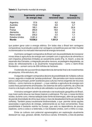 Tabela 3. Suprimento mundial de energia. 
50 
País 
Argentina 
Austrália 
Brasil 
França 
Alemanha 
Reino Unido 
Estados Unidos 
Mundo 
Suprimento primário 
de energia (tep) 
57,6 
115,6 
185,1 
265,6 
351,1 
235,2 
2.281,4 
10.038,3 
Energia 
renovável (tep) 
6,2 
6,6 
66,4 
18,6 
9,2 
2,5 
99,1 
1.351,9 
Energia 
renovável (%) 
10,8 
5,7 
35,9 
7,0 
2,6 
1,1 
4,3 
13,5 
que podem gerar calor e energia elétrica. Em todas elas o Brasil tem vantagens 
comparativas na produção e pode criar vantagens competitivas para ser líder mundial 
no biomercado e no mercado internacional de energia renovável. 
A primeira vantagem comparativa do Brasil vem da possibilidade de incorporar 
novas áreas à agricultura de energia sem competir com a agricultura de alimentos e 
com impactos ambientais limitados ao socialmente aceito (Fig. 4). Assim, a área de 
expansão dos Cerrados, a integração pecuária–lavoura, as pastagens degradadas, as 
áreas de reflorestamento e as atualmente marginalizadas – como o Semi-Árido 
Nordestino – somam cerca de 200 milhões de hectares. 
A extensão de sua ocorrência dependerá da demanda final e de investimentos 
em pesquisa, infra-estrutura, etc. 
A segunda vantagem comparativa decorre da possibilidade de múltiplos cultivos 
no ano, segundo o modelo de “janelas produtivas”. São períodos com riscos razoáveis 
para a cultura principal, porém aceitáveis para culturas menos exigentes de recursos 
hídricos – como mamona ou girassol –, o que viabiliza a agricultura de energia com 
custos fixos parcialmente amortizados. Os sistemas de safra e safrinha, de cultivo de 
inverno e de duplo cultivo de verão já são adotados na produção de grãos no País. 
A terceira vantagem advém da extensão e da localização geográfica do Brasil, 
cuja maior parte situa-se nas faixas tropical e subtropical. Por isso, o nosso território 
recebe, durante o ano, intensa radiação solar (fonte da bioenergia), além de que dispõe 
de grande diversidade de clima (que reduz o risco de desabastecimento por perdas de 
colheita). Também possui exuberante biodiversidade, o que permite várias opções 
associadas à agricultura de energia, selecionando-se as mais convenientes. Essa 
possibilidade é bastante restrita na Europa, que está na dependência de poucas 
espécies, como a colza e a beterraba, e nos Estados Unidos, com o milho e a soja. 
Entre os cultivos com potencial agroenergético em exploração atualmente 
destacam-se: soja, girassol, dendê, mamona e canola. Entretanto, a lista de plantas 
 