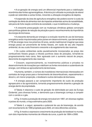 • A co-geração de energia será um diferencial importante para a viabilização 
econômica das fontes agroenergéticas. A técnica já é utilizada na produção de etanol 
e pode ser estendida a outras fontes, incluindo a utilização energética de dejetos. 
• A expansão da área de agricultura energética não poderá ocorrer à custa da 
contração da oferta de alimentos nem de impactos ambientais acima da razoabilidade, 
sob pena de forte reação contrária da sociedade, o que inviabilizaria a mudança. 
• A crescente preocupação com as mudanças climáticas globais convergirá 
para políticas globais de redução da poluição e para o reconhecimento da importância 
da energia de biomassa. 
• A crescente demanda por energia e a evolução recente do uso de biomassa 
energética serão impulsionadas pelos países em desenvolvimento, que demandarão 
5 TW de energia nova nos próximos 40 anos, sendo inadmissível imaginar que essa 
energia possa ser proveniente de fontes fósseis, em razão de seu alto impacto 
ambiental, do seu custo financeiro crescente e do esgotamento das reservas. 
• Os custos ambientais serão paulatinamente incorporados ao preço dos 
combustíveis fósseis graças a tributos punitivos (taxa de poluição), tornando-os 
progressivamente mais caros, fator agravado com o aumento natural de preços, 
decorrente do esgotamento das reservas. 
• Crescem, exponencialmente, os investimentos públicos e privados no 
desenvolvimento de inovações que viabilizem as fontes renováveis e sustentáveis de 
energia, com ênfase ao aproveitamento da biomassa. 
• Aumenta, também, o número de investidores internacionais interessados em 
contratos de longo prazo para o fornecimento de biocombustíveis, especialmente o 
álcool e, em menor proporção, o biodiesel e outros derivados de biomassa. 
• A energia passará a ser componente importante do custo de produção 
agropecuário e da agroindústria, tornando progressivamente atraente a geração de 
energia dentro da propriedade. 
A Tabela 4 relaciona o custo de geração de eletricidade por país da Europa 
Ocidental, para diversas fontes, e demonstra que a bioenergia começa a competir 
com o carvão e o gás. 
A Fig. 5 mostra a produção de energia renovável em 1997, em diversas regiões 
e países do mundo, e traça estimativa para 2020. 
A Tabela 5, a seguir, apresenta o potencial de uso de bioenergia, de acordo 
com levantamento de 1990 projetado para 2020, em dois diferentes cenários. 
A Fig. 6 mostra o expressivo crescimento da produção de biodiesel no mundo, 
com dois importantes momentos de inflexão da curva, a partir de 1994 e 2000. 
54 
 