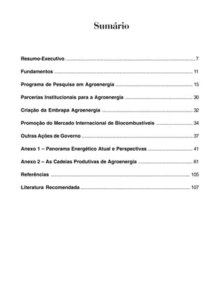 Sumário 
Resumo-Executivo ................................................................................................7 
Fundamentos ...................................................................................................... 11 
Programa de Pesquisa em Agroenergia ......................................................... 15 
Parcerias Institucionais para a Agroenergia .................................................. 30 
Criação da Embrapa Agroenergia ................................................................... 32 
Promoção do Mercado Internacional de Biocombustíveis ........................... 34 
Outras Ações de Governo .................................................................................. 37 
Anexo 1 – Panorama Energético Atual e Perspectivas ................................. 41 
Anexo 2 – As Cadeias Produtivas de Agroenergia ........................................ 61 
Referências ....................................................................................................... 105 
Literatura Recomendada ................................................................................. 107 
 