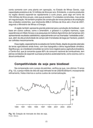 conta somente com uma planta em operação, no Estado de Minas Gerais, cuja 
capacidade produtiva é de 12 milhões de litros por ano. Entretanto, o volume produzido 
na região deverá expandir-se rapidamente a curto prazo, para algo em torno de 
125 milhões de litros anuais, visto que já existem 13 unidades construídas, mas ainda 
em regularização. Há também projetos de construção de novas plantas e de ampliação 
das unidades existentes, que totalizarão 698,2 milhões de litros até o final de 2007, 
segundo o Ministério de Minas e Energia. 
A região também apresenta grande potencial para a produção de biodiesel, com 
base em outros cultivos, como o amendoim, o girassol e a própria mamona, cujas 
experiências em Mato Grosso e as pesquisas do Instituto Agronômico de Campinas vêm 
apresentando resultados satisfatórios, especialmente com as chamadas “variedades anãs”, 
que, além da alta produtividade de campo (até 4 toneladas de baga por hectare), podem 
ser colhidas mecanicamente. 
Essa região, especialmente os estados do Centro-Oeste, dispõe de grande extensão 
de terras agricultáveis ainda livres, com boa topografia e ótima regularidade climática. 
Significa que, se o biodiesel consolidar-se como novo negócio para a agricultura brasileira, 
o Centro-Sul, que já concentra quase 80% do consumo nacional de combustíveis, tem 
plenas condições de expandir sua base produtiva aceleradamente, como ocorreu com o 
álcool combustível. 
Competitividade da soja para biodiesel 
Na comparação com o preço do petróleo, verifica-se que, nos últimos 15 anos 
(Fig. 12), o preço médio do óleo de soja refinado foi de US$ 69,00/barril, incorporando 
refinamento, fretes internos e outros custos de comercialização. 
Fig. 12. Cotação de mercado do óleo de soja. 
Fonte: Abiove. 
85 
 