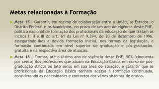 Metas relacionadas à Formação


Meta 15 - Garantir, em regime de colaboração entre a União, os Estados, o
Distrito Federal e os Municípios, no prazo de um ano de vigência deste PNE,
política nacional de formação dos profissionais da educação de que tratam os
incisos I, II e III do art. 61 da Lei nº 9.394, de 20 de dezembro de 1996,
assegurando-lhes a devida formação inicial, nos termos da legislação, e
formação continuada em nível superior de graduação e pós-graduação,
gratuita e na respectiva área de atuação.



Meta 16 - Formar, até o último ano de vigência deste PNE, 50% (cinquenta
por cento) dos professores que atuam na Educação Básica em curso de pósgraduação stricto ou lato sensu em sua área de atuação, e garantir que os
profissionais da Educação Básica tenham acesso à formação continuada,
considerando as necessidades e contextos dos vários sistemas de ensino.

 