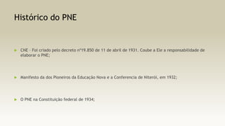 Histórico do PNE



CNE – Foi criado pelo decreto nº19.850 de 11 de abril de 1931. Coube a Ele a responsabilidade de
elaborar o PNE;



Manifesto da dos Pioneiros da Educação Nova e a Conferencia de Niterói, em 1932;



O PNE na Constituição federal de 1934;

 