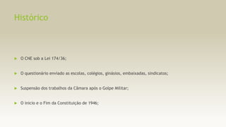 Histórico



O CNE sob a Lei 174/36;



O questionário enviado as escolas, colégios, ginásios, embaixadas, sindicatos;



Suspensão dos trabalhos da Câmara após o Golpe Militar;



O inicio e o Fim da Constituição de 1946;

 