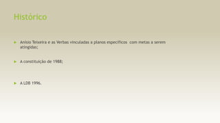 Histórico


Anísio Teixeira e as Verbas vinculadas a planos específicos com metas a serem
atingidas;



A constituição de 1988;



A LDB 1996.

 