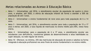 Metas relacionadas ao Acesso à Educação Básica


Meta 1 - Universalizar, até 2016, o atendimento escolar da população de quatro e cinco
anos, e ampliar, até 2020, a oferta de educação infantil de forma a atender a 50% da
população de até 3 anos.



Meta 2 - Universalizar o ensino fundamental de nove anos para toda população de 6 a 14
anos.



Meta 3 - Universalizar, até 2016, o atendimento escolar para toda a população de 15 a 17
anos e elevar, até 2020, a taxa líquida de matrículas no ensino médio para 85%, nesta faixa
etária.



Meta 4 – Universalizar, para a população de 4 a 17 anos, o atendimento escolar aos
estudantes com deficiência, transtornos globais do desenvolvimento e altas habilidades ou
super dotação, na rede regular de ensino.



Meta 10 - Oferecer, no mínimo, 25% das matrículas de educação de jovens e adultos na forma
integrada à educação profissional nos anos finais do ensino fundamental e no ensino médio.

 
