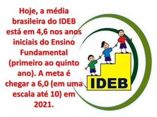 Hoje, a média
brasileira do IDEB
está em 4,6 nos anos
iniciais do Ensino
Fundamental
(primeiro ao quinto
ano). A meta é
chegar a 6,0 (em uma
escala até 10) em
2021.
 
