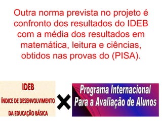 Outra norma prevista no projeto é
confronto dos resultados do IDEB
com a média dos resultados em
matemática, leitura e ciências,
obtidos nas provas do (PISA).
 