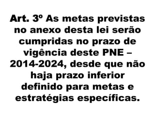 Art. 3º As metas previstas
no anexo desta lei serão
cumpridas no prazo de
vigência deste PNE –
2014-2024, desde que não
haja prazo inferior
definido para metas e
estratégias específicas.
 