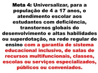 Meta 4: Universalizar, para a
população de 4 a 17 anos, o
atendimento escolar aos
estudantes com deficiência,
transtornos globais do
desenvolvimento e altas habilidades
ou superdotação, na rede regular de
ensino com a garantia de sistema
educacional inclusivo, de salas de
recursos multifuncionais, classes,
escolas ou serviços especializados,
públicos ou conveniados.
 