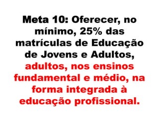 Meta 10: Oferecer, no
mínimo, 25% das
matrículas de Educação
de Jovens e Adultos,
adultos, nos ensinos
fundamental e médio, na
forma integrada à
educação profissional.
 