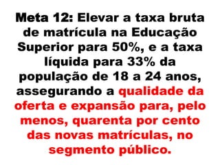 Meta 12: Elevar a taxa bruta
de matrícula na Educação
Superior para 50%, e a taxa
líquida para 33% da
população de 18 a 24 anos,
assegurando a qualidade da
oferta e expansão para, pelo
menos, quarenta por cento
das novas matrículas, no
segmento público.
 