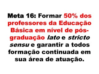 Meta 16: Formar 50% dos
professores da Educação
Básica em nível de pós-
graduação lato e stricto
sensu e garantir a todos
formação continuada em
sua área de atuação.
 