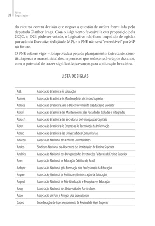 Série
Legislação26
do recurso contra decisão que negava a questão de ordem formulada pelo
deputado Glauber Braga. Com o julgamento favorável a esta proposição pela
CCJC, o PNE pôde ser votado, o Legislativo não ficou impedido de legislar
por ação do Executivo (edição de MP), e o PNE não será “emendável” por MP
no futuro.
O PNE está em vigor – foi aprovada a peça de planejamento. Entretanto, cons-
titui apenas o marco inicial de um processo que se desenvolverá por dez anos,
com o potencial de trazer significativos avanços para a educação brasileira.
LISTA DE SIGLAS
ABE AssociaçãoBrasileiradeEducação
Abmes AssociaçãoBrasileiradeMantenedorasdeEnsinoSuperior
Abraes AssociaçãoBrasileiraparaoDesenvolvimentodaEducaçãoSuperior
Abrafi AssociaçãoBrasileiradasMantenedorasdasFaculdadesIsoladaseIntegradas
Abrasf AssociaçãoBrasileiradasSecretariasdeFinançasdasCapitais
Abrat AssociaçãoBrasileiradeEmpresasdeTecnologiadaInformação
Abruc AssociaçãoBrasileiradasUniversidadesComunitárias
Anaceu AssociaçãoNacionaldosCentrosUniversitários
Andes SindicatoNacionaldosDocentesdasInstituiçõesdeEnsinoSuperior
Andifes AssociaçãoNacionaldosDirigentesdasInstituiçõesFederaisdeEnsinoSuperior
Anec AssociaçãoNacionaldeEducaçãoCatólicadoBrasil
Anfope AssociaçãoNacionalpelaFormaçãodosProfissionaisdaEducação
Anpae AssociaçãoNacionaldePolíticaeAdministraçãodaEducação
Anped AssociaçãoNacionaldePós-GraduaçãoePesquisaemEducação
Anup AssociaçãoNacionaldasUniversidadesParticulares
Apae AssociaçãodePaiseAmigosdosExcepcionais
Capes CoordenaçãodeAperfeiçoamentodePessoaldeNívelSuperior
 