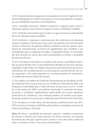 Plano Nacional de Educação 2014-2024 75
12.15. institucionalizar programa de composição de acervo digital de refe-
rências bibliográficas e audiovisuais para os cursos de graduação, assegura-
da a acessibilidade às pessoas com deficiência;
12.16. consolidar processos seletivos nacionais e regionais para acesso à
educação superior como forma de superar exames vestibulares isolados;
12.17. estimular mecanismos para ocupar as vagas ociosas em cada período
letivo na educação superior pública;
12.18. estimular a expansão e reestruturação das instituições de educação
superior estaduais e municipais cujo ensino seja gratuito, por meio de apoio
técnico e financeiro do governo federal, mediante termo de adesão a pro-
grama de reestruturação, na forma de regulamento, que considere a sua
contribuição para a ampliação de vagas, a capacidade fiscal e as necessida-
des dos sistemas de ensino dos entes mantenedores na oferta e qualidade
da educação básica;
12.19. reestruturar com ênfase na melhoria de prazos e qualidade da deci-
são, no prazo de dois anos, os procedimentos adotados na área de avaliação,
regulação e supervisão, em relação aos processos de autorização de cursos e
instituições, de reconhecimento ou renovação de reconhecimento de cur-
sos superiores e de credenciamento ou recredenciamento de instituições,
no âmbito do sistema federal de ensino;
12.20. ampliar, no âmbito do Fundo de Financiamento ao Estudante do En-
sino Superior (Fies), de que trata a Lei nº 10.260, de 12 de julho de 2001, e do
Programa Universidade para Todos (Prouni), de que trata a Lei nº 11.096,
de 13 de janeiro de 2005, os benefícios destinados à concessão de finan-
ciamento a estudantes regularmente matriculados em cursos superiores
presenciais ou a distância, com avaliação positiva, de acordo com regula-
mentação própria, nos processos conduzidos pelo Ministério da Educação;
12.21. fortalecer as redes físicas de laboratórios multifuncionais das IES e
ICTs nas áreas estratégicas definidas pela política e estratégias nacionais de
ciência, tecnologia e inovação.
Meta 13: elevar a qualidade da educação superior e ampliar a proporção
de mestres e doutores do corpo docente em efetivo exercício no conjunto
do sistema de educação superior para setenta e cinco por cento, sendo, do
total, no mínimo, trinta e cinco por cento doutores.
 