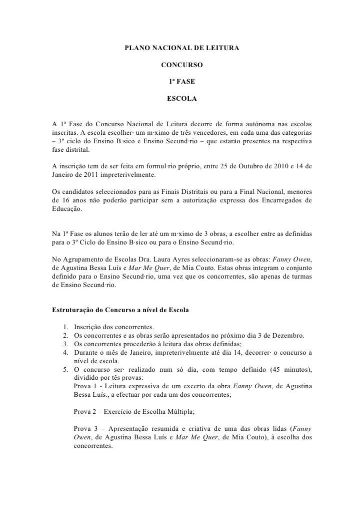 PLANO NACIONAL DE LEITURA                                     CONCURSO                                       1ª FASE      ...
