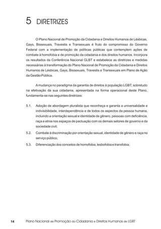 O Plano Nacional de Promoção da Cidadania e Direitos Humanos de Lésbicas,
     Gays, Bissexuais, Travestis e Transexuais é fruto do compromisso do Governo
     Federal com a implementação de políticas públicas que contemplem ações de
     combate à homofobia e de promoção da cidadania e dos direitos humanos. Incorpora
     os resultados da Conferência Nacional GLBT e estabelece as diretrizes e medidas
     necessárias à transformação do Plano Nacional de Promoção da Cidadania e Direitos
     Humanos de Lésbicas, Gays, Bissexuais, Travestis e Transexuais em Plano de Ação
     da Gestão Pública.

            A mudança no paradigma da garantia de direitos à população LGBT, sobretudo
     na efetivação da sua cidadania, apresentada na forma operacional deste Plano,
     fundamenta-se nas seguintes diretrizes:


     5.1.   Adoção de abordagem pluralista que reconheça e garanta a universalidade e
            indivisibilidade, interdependência e de todos os aspectos da pessoa humana,
            incluindo a orientação sexual e identidade de gênero, pessoas com deficiência,
            raça e etnia nos espaços de pactuação com os demais setores de governo e da
            sociedade civil;
     5.2.   Combate à discriminação por orientação sexual, identidade de gênero e raça no
            serviço público;
     5.3.   Diferenciação dos conceitos de homofobia, lesbofobia e transfobia;




14
 