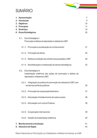 1.   Apresentação                                                          7
2.   Introdução                                                            9
3.   Objetivos                                                            10
4.   Princípios                                                           11
5.   Diretrizes                                                           14
6.   Eixos Estratégicos                                                   20

     6.1.   Eixo Estratégico I
            Promoção e defesa da dignidade e cidadania LGBT

        6.1.1. Promoção e socialização do conhecimento                    21

        6.1.2. Formação de atores                                         24

        6.1.3. Defesa e proteção dos direitos da população LGBT           28

        6.1.4. Sensibilização e mobilização de atores estratégicos        32

     6.2.   Eixo Estratégico II
            Implantação sistêmica das ações de promoção e defesa da
            dignidade e cidadania LGBT.

        6.2.1. Integração da política de promoção da cidadania LGBT com
             as demais políticas públicas                                 35

        6.2.2. Promoção da cooperação federativa                          37

        6.2.3. Articulação e fortalecimento de redes sociais              38

        6.2.4. Articulação com outros Poderes                             38



        6.2.5. Cooperação internacional                                   39

        6.2.6. Gestão da implantação sistêmica                            40

7. Monitoramento e Avaliação                                              41
8. Glossário de Siglas                                                    43
 