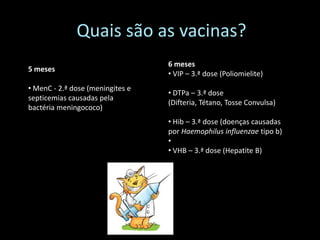 Quais são as vacinas?
                                  6 meses
5 meses
                                  • VIP – 3.ª dose (Poliomielite)
• MenC - 2.ª dose (meningites e
                                  • DTPa – 3.ª dose
septicemias causadas pela
                                  (Difteria, Tétano, Tosse Convulsa)
bactéria meningococo)
                                  • Hib – 3.ª dose (doenças causadas
                                  por Haemophilus influenzae tipo b)
                                  •
                                  • VHB – 3.ª dose (Hepatite B)
 