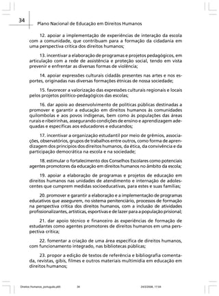 34

Plano Nacional de Educação em Direitos Humanos
12. apoiar a implementação de experiências de interação da escola
com a comunidade, que contribuam para a formação da cidadania em
uma perspectiva crítica dos direitos humanos;
13. incentivar a elaboração de programas e projetos pedagógicos, em
articulação com a rede de assistência e proteção social, tendo em vista
prevenir e enfrentar as diversas formas de violência;
14. apoiar expressões culturais cidadãs presentes nas artes e nos esportes, originadas nas diversas formações étnicas de nossa sociedade;
15. favorecer a valorização das expressões culturais regionais e locais
pelos projetos político-pedagógicos das escolas;
16. dar apoio ao desenvolvimento de políticas públicas destinadas a
promover e garantir a educação em direitos humanos às comunidades
quilombolas e aos povos indígenas, bem como às populações das áreas
rurais e ribeirinhas, assegurando condições de ensino e aprendizagem adequadas e específicas aos educadores e educandos;
17. incentivar a organização estudantil por meio de grêmios, associações, observatórios, grupos de trabalhos entre outros, como forma de aprendizagem dos princípios dos direitos humanos, da ética, da convivência e da
participação democrática na escola e na sociedade;
18. estimular o fortalecimento dos Conselhos Escolares como potenciais
agentes promotores da educação em direitos humanos no âmbito da escola;
19. apoiar a elaboração de programas e projetos de educação em
direitos humanos nas unidades de atendimento e internação de adolescentes que cumprem medidas socioeducativas, para estes e suas famílias;
20. promover e garantir a elaboração e a implementação de programas
educativos que assegurem, no sistema penitenciário, processos de formação
na perspectiva crítica dos direitos humanos, com a inclusão de atividades
profissionalizantes, artísticas, esportivas e de lazer para a população prisional;
21. dar apoio técnico e financeiro às experiências de formação de
estudantes como agentes promotores de direitos humanos em uma perspectiva crítica;
22. fomentar a criação de uma área específica de direitos humanos,
com funcionamento integrado, nas bibliotecas públicas;
23. propor a edição de textos de referência e bibliografia comentada, revistas, gibis, filmes e outros materiais multimídia em educação em
direitos humanos;

Direitos Humanos_português.p65

34

24/2/2008, 17:04

 