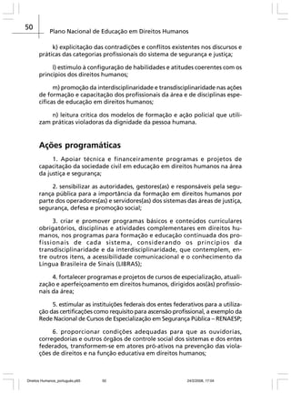 50

Plano Nacional de Educação em Direitos Humanos
k) explicitação das contradições e conflitos existentes nos discursos e
práticas das categorias profissionais do sistema de segurança e justiça;
l) estímulo à configuração de habilidades e atitudes coerentes com os
princípios dos direitos humanos;
m) promoção da interdisciplinaridade e transdisciplinaridade nas ações
de formação e capacitação dos profissionais da área e de disciplinas específicas de educação em direitos humanos;
n) leitura crítica dos modelos de formação e ação policial que utilizam práticas violadoras da dignidade da pessoa humana.

Ações programáticas
1. Apoiar técnica e financeiramente programas e projetos de
capacitação da sociedade civil em educação em direitos humanos na área
da justiça e segurança;
2. sensibilizar as autoridades, gestores(as) e responsáveis pela segurança pública para a importância da formação em direitos humanos por
parte dos operadores(as) e servidores(as) dos sistemas das áreas de justiça,
segurança, defesa e promoção social;
3. criar e promover programas básicos e conteúdos curriculares
obrigatórios, disciplinas e atividades complementares em direitos humanos, nos programas para formação e educação continuada dos profissionais de cada sistema, considerando os princípios da
transdisciplinaridade e da interdisciplinaridade, que contemplem, entre outros itens, a acessibilidade comunicacional e o conhecimento da
Língua Brasileira de Sinais (LIBRAS);
4. fortalecer programas e projetos de cursos de especialização, atualização e aperfeiçoamento em direitos humanos, dirigidos aos(às) profissionais da área;
5. estimular as instituições federais dos entes federativos para a utilização das certificações como requisito para ascensão profissional, a exemplo da
Rede Nacional de Cursos de Especialização em Segurança Pública – RENAESP;
6. proporcionar condições adequadas para que as ouvidorias,
corregedorias e outros órgãos de controle social dos sistemas e dos entes
federados, transformem-se em atores pró-ativos na prevenção das violações de direitos e na função educativa em direitos humanos;

Direitos Humanos_português.p65

50

24/2/2008, 17:04

 