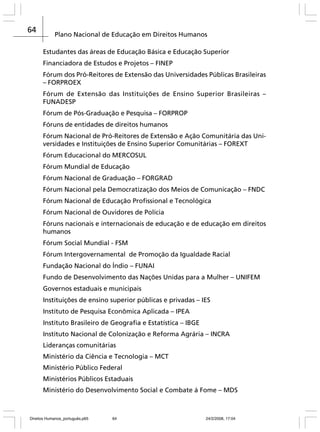 64

Plano Nacional de Educação em Direitos Humanos
Estudantes das áreas de Educação Básica e Educação Superior
Financiadora de Estudos e Projetos – FINEP
Fórum dos Pró-Reitores de Extensão das Universidades Públicas Brasileiras
– FORPROEX
Fórum de Extensão das Instituições de Ensino Superior Brasileiras –
FUNADESP
Fórum de Pós-Graduação e Pesquisa – FORPROP
Fóruns de entidades de direitos humanos
Fórum Nacional de Pró-Reitores de Extensão e Ação Comunitária das Universidades e Instituições de Ensino Superior Comunitárias – FOREXT
Fórum Educacional do MERCOSUL
Fórum Mundial de Educação
Fórum Nacional de Graduação – FORGRAD
Fórum Nacional pela Democratização dos Meios de Comunicação – FNDC
Fórum Nacional de Educação Profissional e Tecnológica
Fórum Nacional de Ouvidores de Polícia
Fóruns nacionais e internacionais de educação e de educação em direitos
humanos
Fórum Social Mundial - FSM
Fórum Intergovernamental de Promoção da Igualdade Racial
Fundação Nacional do Índio – FUNAI
Fundo de Desenvolvimento das Nações Unidas para a Mulher – UNIFEM
Governos estaduais e municipais
Instituições de ensino superior públicas e privadas – IES
Instituto de Pesquisa Econômica Aplicada – IPEA
Instituto Brasileiro de Geografia e Estatística – IBGE
Instituto Nacional de Colonização e Reforma Agrária – INCRA
Lideranças comunitárias
Ministério da Ciência e Tecnologia – MCT
Ministério Público Federal
Ministérios Públicos Estaduais
Ministério do Desenvolvimento Social e Combate à Fome – MDS

Direitos Humanos_português.p65

64

24/2/2008, 17:04

 