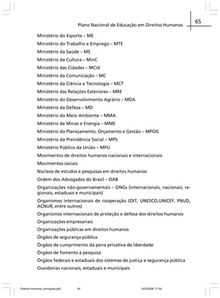 Plano Nacional de Educação em Direitos Humanos
Ministério do Esporte – ME
Ministério do Trabalho e Emprego – MTE
Ministério da Saúde – MS
Ministério da Cultura – MinC
Ministério das Cidades – MCid
Ministério da Comunicação – MC
Ministério da Ciência e Tecnologia – MCT
Ministério das Relações Exteriores – MRE
Ministério do Desenvolvimento Agrário – MDA
Ministério da Defesa – MD
Ministério do Meio Ambiente – MMA
Ministério de Minas e Energia – MME
Ministério do Planejamento, Orçamento e Gestão – MPOG
Ministério da Previdência Social – MPS
Ministério Público da União – MPU
Movimentos de direitos humanos nacionais e internacionais
Movimentos sociais
Núcleos de estudos e pesquisas em direitos humanos
Ordem dos Advogados do Brasil – OAB
Organizações não-governamentais – ONGs (internacionais, nacionais, regionais, estaduais e municipais)
Organismos internacionais de cooperação (OIT, UNESCO,UNICEF, PNUD,
ACNUR, entre outros)
Organismos internacionais de proteção e defesa dos direitos humanos
Organizações empresariais
Organizações públicas em direitos humanos
Órgãos de segurança pública
Órgãos de cumprimento da pena privativa de liberdade
Órgãos de fomento à pesquisa
Órgãos federais e estaduais dos sistemas de justiça e segurança pública
Ouvidorias nacionais, estaduais e municipais

Direitos Humanos_português.p65

65

24/2/2008, 17:04

65

 