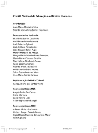 Comitê Nacional de Educação em Direitos Humanos
Coordenação
Aida Maria Monteiro Silva
Ricardo Manuel dos Santos Henriques
Representantes Nacionais
Eliane dos Santos Cavalleiro
Herilda Balduíno de Souza
Iradj Roberto Eghrari
José Antônio Peres Gediel
João Jesus de Salles Pupo
Márcio Marques de Araújo
Margarida Bulhões Pedreira Genevois
Maria Nazaré Tavares Zenaide
Nair Heloisa Bicalho de Sousa
Paulo César Carbonari
Ricardo Brisolla Balestreri
Roberto de Oliveira Monte
Solon Eduardo Annes Viola
Vera Maria Ferrão Candau
Representação da UNESCO/Brasil
Carlos Alberto dos Santos Vieira
Representantes do MEC
Alayde Freire Sant’anna
Ivone Moreyra
Lúcia Helena Lodi
Valéria Sperandio Rangel
Representantes da SEDH
Alberto Albino dos Santos
Herbert Borges Paes de Barros
Izabel Maria Madeira de Loureiro Maior
Perly Cipriano

Direitos Humanos_português.p65

6

24/2/2008, 17:04

 