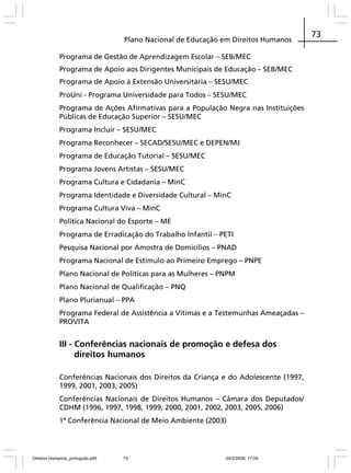 Plano Nacional de Educação em Direitos Humanos
Programa de Gestão de Aprendizagem Escolar – SEB/MEC
Programa de Apoio aos Dirigentes Municipais de Educação – SEB/MEC
Programa de Apoio à Extensão Universitária – SESU/MEC
ProUni - Programa Universidade para Todos – SESU/MEC
Programa de Ações Afirmativas para a População Negra nas Instituições
Públicas de Educação Superior – SESU/MEC
Programa Incluir – SESU/MEC
Programa Reconhecer – SECAD/SESU/MEC e DEPEN/MJ
Programa de Educação Tutorial – SESU/MEC
Programa Jovens Artistas – SESU/MEC
Programa Cultura e Cidadania – MinC
Programa Identidade e Diversidade Cultural – MinC
Programa Cultura Viva – MinC
Política Nacional do Esporte – ME
Programa de Erradicação do Trabalho Infantil – PETI
Pesquisa Nacional por Amostra de Domicílios – PNAD
Programa Nacional de Estímulo ao Primeiro Emprego – PNPE
Plano Nacional de Políticas para as Mulheres – PNPM
Plano Nacional de Qualificação – PNQ
Plano Plurianual – PPA
Programa Federal de Assistência a Vítimas e a Testemunhas Ameaçadas –
PROVITA

III - Conferências nacionais de promoção e defesa dos
direitos humanos
Conferências Nacionais dos Direitos da Criança e do Adolescente (1997,
1999, 2001, 2003, 2005)
Conferências Nacionais de Direitos Humanos – Câmara dos Deputados/
CDHM (1996, 1997, 1998, 1999, 2000, 2001, 2002, 2003, 2005, 2006)
1ª Conferência Nacional de Meio Ambiente (2003)

Direitos Humanos_português.p65

73

24/2/2008, 17:04

73

 