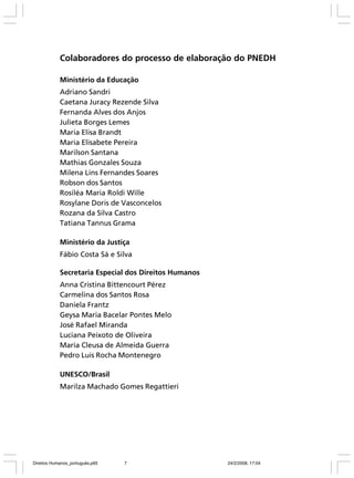 Colaboradores do processo de elaboração do PNEDH
Ministério da Educação
Adriano Sandri
Caetana Juracy Rezende Silva
Fernanda Alves dos Anjos
Julieta Borges Lemes
Maria Elisa Brandt
Maria Elisabete Pereira
Marilson Santana
Mathias Gonzales Souza
Milena Lins Fernandes Soares
Robson dos Santos
Rosiléa Maria Roldi Wille
Rosylane Doris de Vasconcelos
Rozana da Silva Castro
Tatiana Tannus Grama
Ministério da Justiça
Fábio Costa Sá e Silva
Secretaria Especial dos Direitos Humanos
Anna Cristina Bittencourt Pérez
Carmelina dos Santos Rosa
Daniela Frantz
Geysa Maria Bacelar Pontes Melo
José Rafael Miranda
Luciana Peixoto de Oliveira
Maria Cleusa de Almeida Guerra
Pedro Luis Rocha Montenegro
UNESCO/Brasil
Marilza Machado Gomes Regattieri

Direitos Humanos_português.p65

7

24/2/2008, 17:04

 