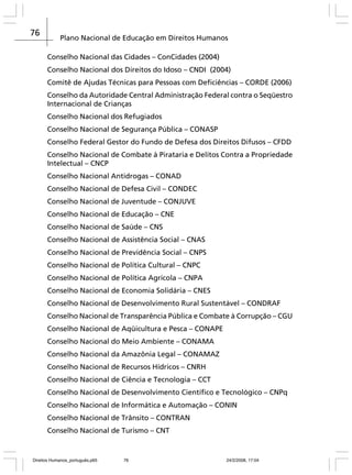 76

Plano Nacional de Educação em Direitos Humanos
Conselho Nacional das Cidades – ConCidades (2004)
Conselho Nacional dos Direitos do Idoso – CNDI (2004)
Comitê de Ajudas Técnicas para Pessoas com Deficiências – CORDE (2006)
Conselho da Autoridade Central Administração Federal contra o Seqüestro
Internacional de Crianças
Conselho Nacional dos Refugiados
Conselho Nacional de Segurança Pública – CONASP
Conselho Federal Gestor do Fundo de Defesa dos Direitos Difusos – CFDD
Conselho Nacional de Combate à Pirataria e Delitos Contra a Propriedade
Intelectual – CNCP
Conselho Nacional Antidrogas – CONAD
Conselho Nacional de Defesa Civil – CONDEC
Conselho Nacional de Juventude – CONJUVE
Conselho Nacional de Educação – CNE
Conselho Nacional de Saúde – CNS
Conselho Nacional de Assistência Social – CNAS
Conselho Nacional de Previdência Social – CNPS
Conselho Nacional de Política Cultural – CNPC
Conselho Nacional de Política Agrícola – CNPA
Conselho Nacional de Economia Solidária – CNES
Conselho Nacional de Desenvolvimento Rural Sustentável – CONDRAF
Conselho Nacional de Transparência Pública e Combate à Corrupção – CGU
Conselho Nacional de Aqüicultura e Pesca – CONAPE
Conselho Nacional do Meio Ambiente – CONAMA
Conselho Nacional da Amazônia Legal – CONAMAZ
Conselho Nacional de Recursos Hídricos – CNRH
Conselho Nacional de Ciência e Tecnologia – CCT
Conselho Nacional de Desenvolvimento Científico e Tecnológico – CNPq
Conselho Nacional de Informática e Automação – CONIN
Conselho Nacional de Trânsito – CONTRAN
Conselho Nacional de Turismo – CNT

Direitos Humanos_português.p65

76

24/2/2008, 17:04

 