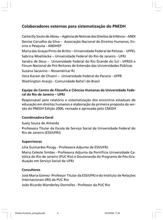 Colaboradores externos para sistematização do PNEDH
Carlos Ely Souto de Abreu – Agência de Notícias dos Direitos da Infância – ANDI
Denise Carvalho da Silva – Associação Nacional de Direitos Humanos, Ensino e Pesquisa - ANDHEP
Maria das Graças Pinto de Britto – Universidade Federal de Pelotas - UFPEL
Sabrina Moehlecke – Universidade Federal do Rio de Janeiro - UFRJ
Sandra de Deus – Universidade Federal do Rio Grande do Sul - UFRGS e
Fórum Nacional de Pró-Reitores de Extensão das Universidades Públicas
Suzana Sacavino – Novamérica/ RJ
Vera Karam de Chueiri – Universidade Federal do Paraná - UFPR
Washington Araújo - Comunidade Bahá’i do Brasil
Equipe do Centro de Filosofia e Ciências Humanas da Universidade Federal do Rio de Janeiro – UFRJ
Responsável pelo relatório e sistematização dos encontros estaduais de
educação em direitos humanos e elaboração da primeira proposta da versão do PNEDH Edição 2006, revisada e aprovada pelo CNEDH
Coordenadora Geral
Suely Souza de Almeida
Professora Titular da Escola de Serviço Social da Universidade Federal do
Rio de Janeiro (ESS/UFRJ)
Supervisoras
Lilia Guimarães Pougy - Professora Adjunta da ESS/UFRJ
Maria Celeste Simões - Professora Adjunta da Pontifícia Universidade Católica do Rio de Janeiro (PUC Rio) e Doutoranda do Programa de Pós-Graduação em Serviço Social da UFRJ
Consultores
José Maria Gómez -Professor Titular da ESS/UFRJ e do Instituto de Relações
Internacionais (IRI) da PUC Rio
João Ricardo Wanderley Dornelles - Professor da PUC Rio

Direitos Humanos_português.p65

8

24/2/2008, 17:04

 