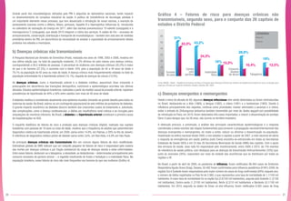 20 21
Grande parte dos imunobiológicos utilizados pelo PNI é adquirida de laboratórios nacionais, tendo impacto
no desenvolvimento do complexo industrial da saúde. A política de transferência de tecnologia adotada é
um importante elemento nesse processo, que tem alavancado a introdução de novas vacinas, a exemplo da
pentavalente (vacinas contra a difteria, tétano, pertussis, hepatite B e Haemophilus influenzae b), introduzida
no calendário de vacinação da criança em 2011, além das vacinas pneumocócica 10-valente (conjugada) e a
meningocócica C (conjugada), que desde 2010 integram a rotina dos serviços. A cadeia de frio – processo de
armazenamento, conservação, distribuição e transporte de imunobiológicos – também tem sido alvo de medidas
prioritárias dentro do PNI, em decorrência da necessidade de ampliar a capacidade de armazenamento destes
produtos nos estados e municípios.
b) Doenças crônicas não transmissíveis
A Pesquisa Nacional por Amostra de Domicílios (Pnad), realizada nos anos de 1998, 2003 e 2008, mostrou em
sua última edição que, no total da população residente, 31,3% afirmou ter pelo menos uma doença crônica,
correspondendo a 59,5 milhões de pessoas. O percentual de mulheres com doenças crônicas (35,2%) é maior
do que o de homens (27,2%), e aumenta com a idade: 45% para a população de 40 a 49 anos de idade e
79,1% na população de 65 anos ou mais de idade. A doença crônica mais frequentemente relatada no total da
população entrevistada foi a hipertensão arterial (14,1%), seguida de doenças da coluna (13,5%).
As doenças crônicas, como a hipertensão arterial e a diabetes mellitus, assumiram ônus crescente e
preocupante em decorrência das transições demográfica, nutricional e epidemiológica ocorridas nas últimas
décadas. Estudos epidemiológicos brasileiros, realizados a partir da medida casual da pressão arterial, registram
prevalências de hipertensão de 40% a 50% entre adultos com mais de 40 anos de idade.
A diabetes mellitus é considerada atualmente uma epidemia mundial, tornando-se grande desafio para todos os
sistemas de saúde. No Brasil, estima-se um contingente populacional de seis milhões de portadores de diabetes.
O grande impacto econômico da diabetes decorre também dos crescentes custos do tratamento e, sobretudo,
das complicações, como a doença cardiovascular, a diálise por insuficiência renal crônica e as cirurgias para
amputações de membros inferiores. No Brasil, a diabetes e a hipertensão arterial constituem a primeira causa
de hospitalizações no SUS.
O inquérito telefônico de fatores de risco e proteção para doenças crônicas (Vigitel), realizado nas capitais
brasileiras com pessoas de 18 anos ou mais de idade, mostrou que a frequência de adultos que autorreferiram
diagnóstico médico de hipertensão arterial, em 2009, variou entre 14,9%, em Palmas, e 28% no Rio de Janeiro.
A referência de diagnóstico médico prévio de diabete variou entre 3,6%, em Boa Vista, e 6,9% em São Paulo.
As principais doenças crônicas não transmissíveis têm em comum alguns fatores de risco modificáveis.
Estimativas globais da OMS indicam que um conjunto pequeno de fatores de risco é responsável pela maioria
das mortes por doenças crônicas e por fração substancial da carga de doenças devida a estas enfermidades.
Entre esses fatores, destacam-se o tabagismo, a obesidade, as dislipidemias – determinadas principalmente pelo
consumo excessivo de gordura animal –, a ingestão insuficiente de frutas e hortaliças e a inatividade física. Na
população brasileira, esses fatores de risco são mais frequentes nos homens do que nas mulheres (Gráfico 4).
Gráfico 4 – Fatores de risco para doenças crônicas não
transmissíveis, segundo sexo, para o conjunto das 26 capitais de
estados e Distrito Federal
Fonte: BRASIL.Vigitel – Vigilância de Fatores de Risco e Proteção para Doenças Crônicas por sistema de vigilância de fatores de risco e proteção para
doenças crônicas por inquérito telefônico (Vigitel). Brasília: MS, 2009.
c) Doenças emergentes e reemergentes
Desde o início da década de 80, algumas doenças infecciosas vêm sendo detectadas ou foram reintroduzidas
no Brasil, destacando-se a Aids (1980), a dengue (1982), a cólera (1991) e a hantavirose (1993). Devido à
influência principalmente dos viajantes, continua como prioridades: manter eliminados o sarampo e a cólera,
evitar a entrada do Chikungunya (arbovírus também transmitido por meio do Aedes aegypti com possibilidade
de introdução no País); em 2010, foram detectados três casos importados; e reduzir a disseminação do sorotipo
Denv-4 para dengue que, há 28 anos, não ocorria no território brasileiro.
A detecção precoce, a prevenção, a análise das principais características epidemiológicas e a resposta
coordenada a esses eventos são etapas fundamentais para prevenir a propagação nacional/internacional das
doenças emergentes e reemergentes, de modo a evitar, reduzir ou eliminar a disseminação na população.
Implantada na esfera nacional desde 2006, e nos estados e capitais a partir de 2007, a rede nacional de alerta
e resposta às emergências em saúde pública (rede Cievs) encontra-se estruturada em todas as Secretarias
Estaduais de Saúde (SES) e em 23 das 26 Secretarias Municipais de Saúde (SMS) das capitais. Com o apoio
dos serviços de saúde, essa rede foi responsável pelo monitoramento, entre 2006 e 2010, de 745 eventos
de relevância de saúde pública, com destaque para as doenças de transmissão hídrica/alimentar (33%) que,
junto às zoonoses (30%), respondem por mais da metade das ocorrências que se distribuem por todas as
regiões e UF.
No Brasil, a partir de abril de 2009, na pandemia de influenza, foram notificados 88.464 casos de Síndrome
Respiratória Aguda Grave (Srag). Desses, 50.482 foram confirmados para influenza pandêmica (H1N1)-2009.As
regiões Sul e Sudeste foram responsáveis pelo maior número de casos de Srag confirmados (94%) naquele ano;
o número de óbitos registrados no País foi de 2.060, o que representou uma taxa de mortalidade de 1,1/100 mil
habitantes.A maior taxa de mortalidade foi na região Sul (2,8/100 mil habitantes), seguida pela Sudeste (1,2/100
mil habitantes), Centro-oeste (1,2/100 mil habitantes), Norte (0,3/10 mil habitantes) e Nordeste (0,1/100 mil
habitantes). Em 2010, segundo os dados do Sinan on-line influenza, foram notificados 9.383 casos de Srag
51%
43,2%
16%
28,8%
19%
42,3%
24,3%
15,3%
10,4% 12,5%
LEGENDA
Masculino
Feminino
Excesso
de peso
Carnes
com
gordura
Consumo
abusivo
de álcool Tabagismo
60
50
40
30
20
10
0 Inatividade
física
 