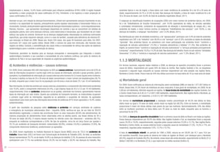 22 23
hospitalizados e, destes, 10,4% foram confirmados para influenza pandêmica (H1N1)-2009. A região Sudeste
apresentou a maior proporção de casos notificados (47,3%). Entretanto, a Sul registrou a maior proporção de
casos confirmados (37,4%).
Assinale-se que, com relação às doenças transmissíveis, o Brasil vem apresentando avanços importantes no seu
controle e na capacidade de resposta, principalmente quanto àquelas relacionadas à transmissão hídrica e às
imunizáveis.Contudo,aindapersistemaglomeradosdedoençasrelacionadasàpobreza–comoesquistossomose,
filariose, tracoma – que apresentam tecnologias disponíveis de controle e que se concentram em bolsões de
populações pobres, bem como doenças crônicas, como tuberculose e hanseníase, que necessitam de um maior
esforço nas ações de controle. Acrescem-se as doenças negligenciadas relacionadas às carências nutricionais
específicas, que ainda requerem atenção, como é o caso do beribéri, causada pela deficiência da vitamina B1.
que ressurgiu no Brasil em 2006. Nesse ano, foram 434 casos, dos quais 40 evoluíram para óbito. Em 2007,
ocorreram 521 casos com quatro óbitos. Desde 2008, o número de casos tem diminuído, não havendo mais
registro de óbitos. Contudo, a subnotificação dos casos indica a necessidade de reforço das ações de vigilância
epidemiológica para o controle e prevenção da doença.
Finalmente, persistem os desafios para as doenças emergentes e reemergentes que integrarão o cenário
epidemiológico brasileiro e que suscitam a necessidade de uma melhoria contínua, por parte do sistema de
vigilância do País e na sua capacidade de resposta as urgências epidemiológicas.
d) Acidentes e violências – causas externas
Em 2009, foram realizadas 883.446 internações no SUS por causas externas, representando cerca de 8,0% do
total de internações (ocuparam o quinto lugar entre as causas de internação, excluído o grupo gravidez, parto e
puerpério).A probabilidade de internação por causas externas entre homens foi 2,4 vezes àquela entre mulheres.
Os jovens e adultos na faixa de 20 a 39 anos de idade concentraram o maior número de hospitalizações (36,7%
do total), enquanto que o maior risco foi na população com 60 anos e mais de idade (75,1 por 10 mil habitantes).
Nas internações,do total dos eventos por causas externas,preponderou o componente não intencional (acidentes)
com 75,6%, sobre o componente intencional (24,4%), o que originou taxas de 35,2 e 2,5 por 10 mil habitantes,
respectivamente. Entre os acidentes, destacaram-se as quedas, sobretudo nos homens, apresentando maiores
taxas de internação por este motivo. Quanto aos acidentes de transporte terrestre, os motociclistas ocuparam
o primeiro lugar entre as internações, seguindo-se os pedestres e ocupantes de veículos. As agressões
responderam pela maior parte das internações decorrentes de violências (81% foram agressões e 19,4%, lesões
autoprovocadas).
A partir dos resultados da pesquisa sobre violências e acidentes em serviços sentinelas de urgência
e emergência de municípios selecionados (Viva – inquérito 2009), verificou-se que, de um total de 39.610
atendimentos registrados, a maioria das ocorrências foram no sexo masculino (64,6% dos atendimentos). As
maiores proporções de atendimentos foram observadas entre os adultos jovens, nas faixas etárias de 20 a
39 anos de idade (40,4%). A maioria desses eventos foi referida como não intencional – acidentes (90,1%),
enquanto as violências corresponderam a 9,9%. No tipo de acidente, cerca de um terço foram por quedas e
25,1% por acidentes de transporte terrestre: motociclistas (50,9%), ciclistas (18,4%) e pedestres (12,8%). No
componente intencional (violência), predominaram as agressões.
Em 2009, foram registrados no Instituto Nacional do Seguro Social (INSS) cerca de 723,5 mil acidentes de
trabalho. Desse total, 528,2 mil foram com Comunicação de Acidente de Trabalho (CAT). Do total, os acidentes
típicos representaram 79,7%; os de trajeto 16,9% e as doenças do trabalho 3,3%.As pessoas do sexo masculino
participaram com 77,1% nos acidentes típicos; 65,3% nos de trajeto; e 58,4% nas doenças do trabalho. Nos
acidentes típicos e nos de trajeto, a faixa etária com maior incidência de acidentes foi a de 20 a 29 anos de
idade, respectivamente 34,7% e 37,8% do total. Nas doenças de trabalho, a faixa de maior incidência foi a de
30 a 39 anos de idade, com 33,9% do total de acidentes registrados (Brasil, 2011).
O subgrupo da classificação brasileira de ocupações (CBO) com maior número de acidentes típicos, em 2009,
foi o de “trabalhadores de funções transversais”, com 14,0% (operadores de robôs, de veículos operados
e controlados remotamente, condutores de equipamento de elevação e movimentação de cargas etc.); nos
acidentes de trajeto, o maior número ocorreu no subgrupo “trabalhadores dos serviços”, com 18,6%; e, nas
doenças do trabalho, o subgrupo “escriturários”, com 13,4% (Brasil, 2011).
Na distribuição por setor de atividade econômica, o de “agropecuária” participou com 4,4% do total de acidentes
registrados com CAT; o da ‘‘indústria” com 48,0% e o de “serviços” com 47,6%, excluídos os dados de atividade
“ignorada”. Nos acidentes típicos, os subsetores com maior participação nos acidentes foram “comércio e
reparação de veículos automotores” (12,3%) e “produtos alimentícios e bebidas” (11,3%). Nos acidentes de
trajeto, as maiores foram “comércio e reparação de veículos automotores” e “serviços prestados principalmente
à empresa”,respectivamente 19,2% e 14,3% do total.Nas doenças de trabalho,foram os sub-setores“atividades
financeiras” (11,6%) e “comércio e reparação de veículos automotores”, com 11,0% (Brasil, 2011).
1.1.3 MORTALIDADE
Em termos nacionais, segundo dados relativos a 2008, as doenças do aparelho circulatório foram a primeira
causa de óbitos, responsáveis por quase 30% de todas as mortes. Nas regiões Sudeste e Sul, as neoplasias
ocuparam o segundo lugar, enquanto as causas externas responderam por esta posição nas regiões Norte,
Nordeste e Centro-Oeste. Pouco mais de 44% dos óbitos ocorreram na faixa etária de 70 ou mais anos de idade.
a) Mortalidade geral
Em 2008, foram notificados ao sistema de informações sobre mortalidade (SIM) um total de 1.077.007 óbitos no
Brasil. Desse total, 57,5% foram de indivíduos de sexo masculino. A taxa geral de mortalidade, em 2008, foi de
5,68 por mil habitantes, diferindo segundo as regiões.As taxas brutas de mortalidade das regiões Sudeste, Sul
e Centro-Oeste foram de 6,30, 6,17 e 4,93/1.000 habitantes, respectivamente. Nas regiões Norte e Nordeste, as
taxas corresponderam, em respectivo, a 4,03 e 5,16/1.000 habitantes.
Em termos de mortalidade proporcional, a avaliação mostra concentração de 44,3% dos óbitos na faixa
etária maior ou igual a 70 anos de idade, sendo maior na região Sul (46,3%). Entre os homens, a mortalidade
proporcional é maior em faixas etárias mais jovens do que nas mulheres. Aproximadamente, 54% dos óbitos
entre as mulheres ocorreram na faixa etária com 70 anos ou mais de idade, enquanto para os homens o
percentual foi de 37%.
Em 2008, as doenças do aparelho circulatório foram a primeira causa de óbito no Brasil e em todas as regiões.
Essas doenças responderam por 29,5% dos óbitos. Nas regiões Sudeste e Sul, as neoplasias foram a segunda
causa (16,4% e 19,4%, respectivamente), seguidas pelas causas externas (10,8% e 12,1%). Nas regiões Norte,
Nordeste e Centro-Oeste, as causas externas foram a segunda causa de mortalidade (17,3%, 14,2% e 17%, em
respectivo), seguidas pelas neoplasias (12%, 12,7% e 14,7%).
A taxa de mortalidade infantil, no período de 1990 a 2008, reduziu-se em 58,8% (de 47,1 para 19,4 por
mil nascidos vivos/NV). Essa queda se observa em todas as regiões do Brasil, com destaque para o Nordeste
(63,3%), seguido do Sudeste (56,4%). No entanto, essas taxas são ainda elevadas, especialmente no Norte (21,6
óbitos/1.000 NV) e no Nordeste (27,8), o que repercute na média nacional (Gráfico 5).
 