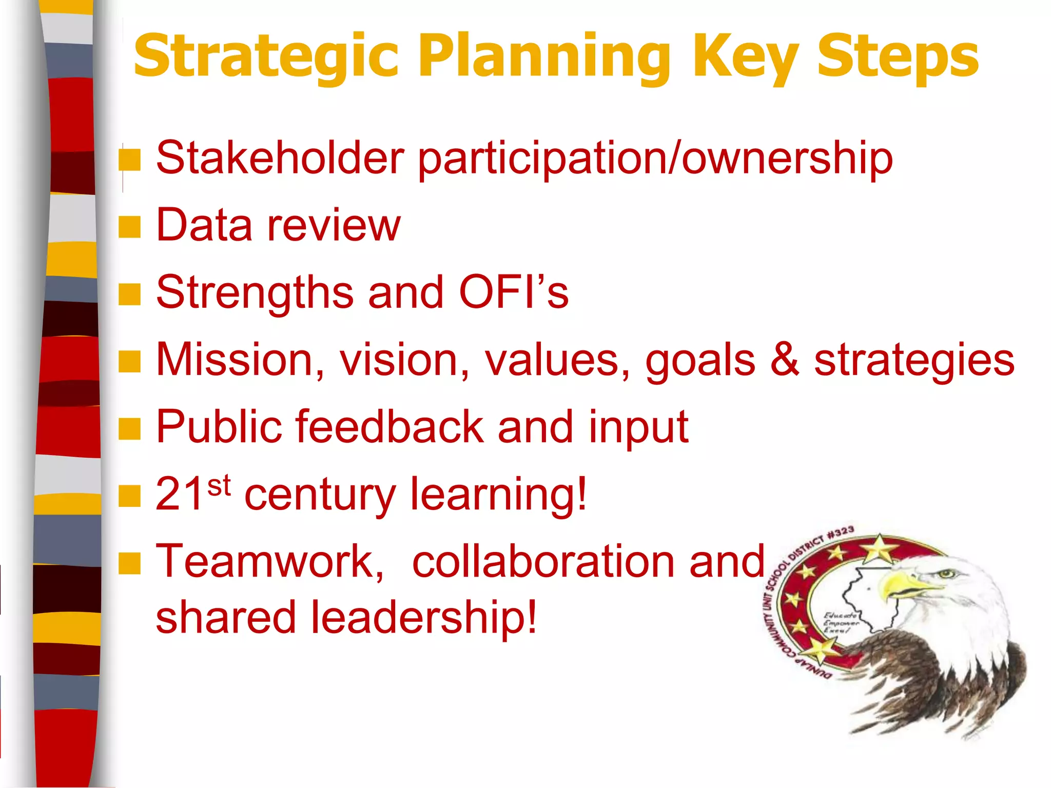 Strategic Planning Key Steps
 Stakeholder participation/ownership
 Data review
 Strengths and OFI’s
 Mission, vision, values, goals & strategies
 Public feedback and input
 21st century learning!
 Teamwork, collaboration and
  shared leadership!
 
