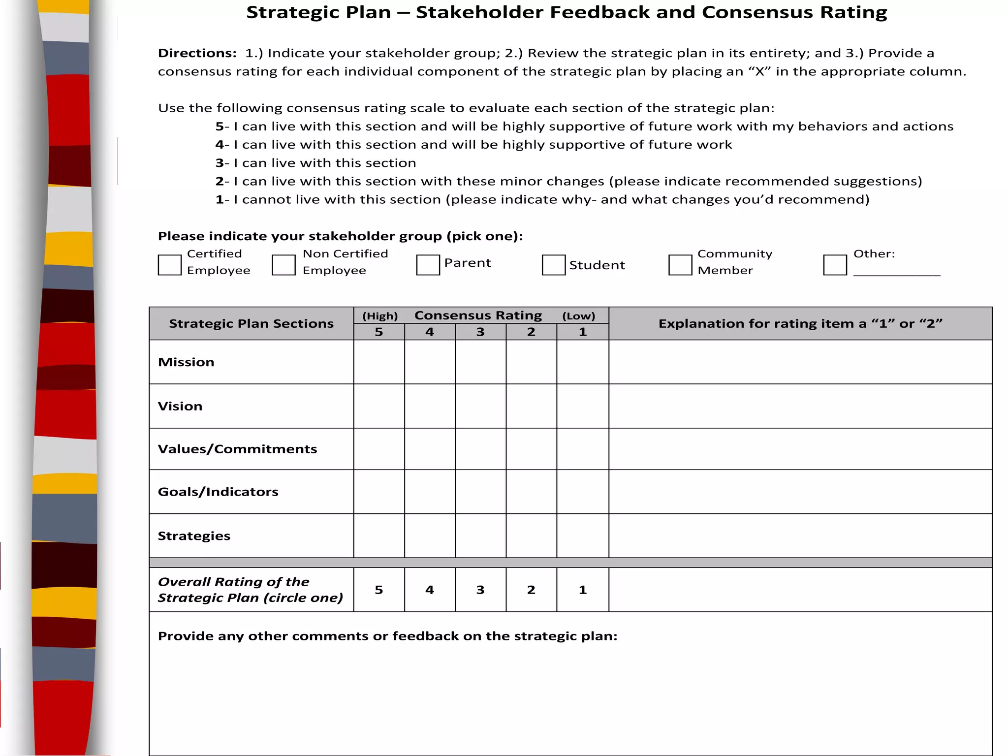 Strategic Plan – Stakeholder Feedback and Consensus Rating

Directions: 1.) Indicate your stakeholder group; 2.) Review the strategic plan in its entirety; and 3.) Provide a
consensus rating for each individual component of the strategic plan by placing an “X” in the appropriate column.

Use the following consensus rating scale to evaluate each section of the strategic plan:
        5- I can live with this section and will be highly supportive of future work with my behaviors and actions
        4- I can live with this section and will be highly supportive of future work
        3- I can live with this section
        2- I can live with this section with these minor changes (please indicate recommended suggestions)
        1- I cannot live with this section (please indicate why- and what changes you’d recommend)

Please indicate your stakeholder group (pick one):
    Certified        Non Certified                                           Community             Other:
                                            Parent         Student
    Employee         Employee                                                Member                ___________


                              (High)   Consensus Rating   (Low)
 Strategic Plan Sections                                               Explanation for rating item a “1” or “2”
                                5       4     3      2      1

Mission


Vision


Values/Commitments


Goals/Indicators


Strategies


Overall Rating of the
                                5       4       3    2      1
Strategic Plan (circle one)

Provide any other comments or feedback on the strategic plan:
 