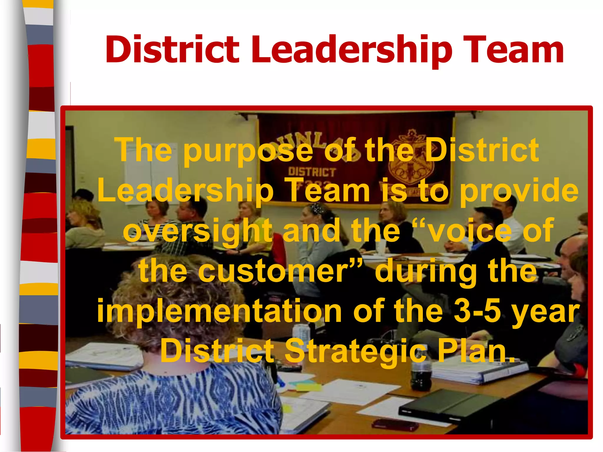 District Leadership Team

 The purpose of the District
Leadership Team is to provide
  oversight and the “voice of
   the customer” during the
implementation of the 3-5 year
    District Strategic Plan.
                             21
 