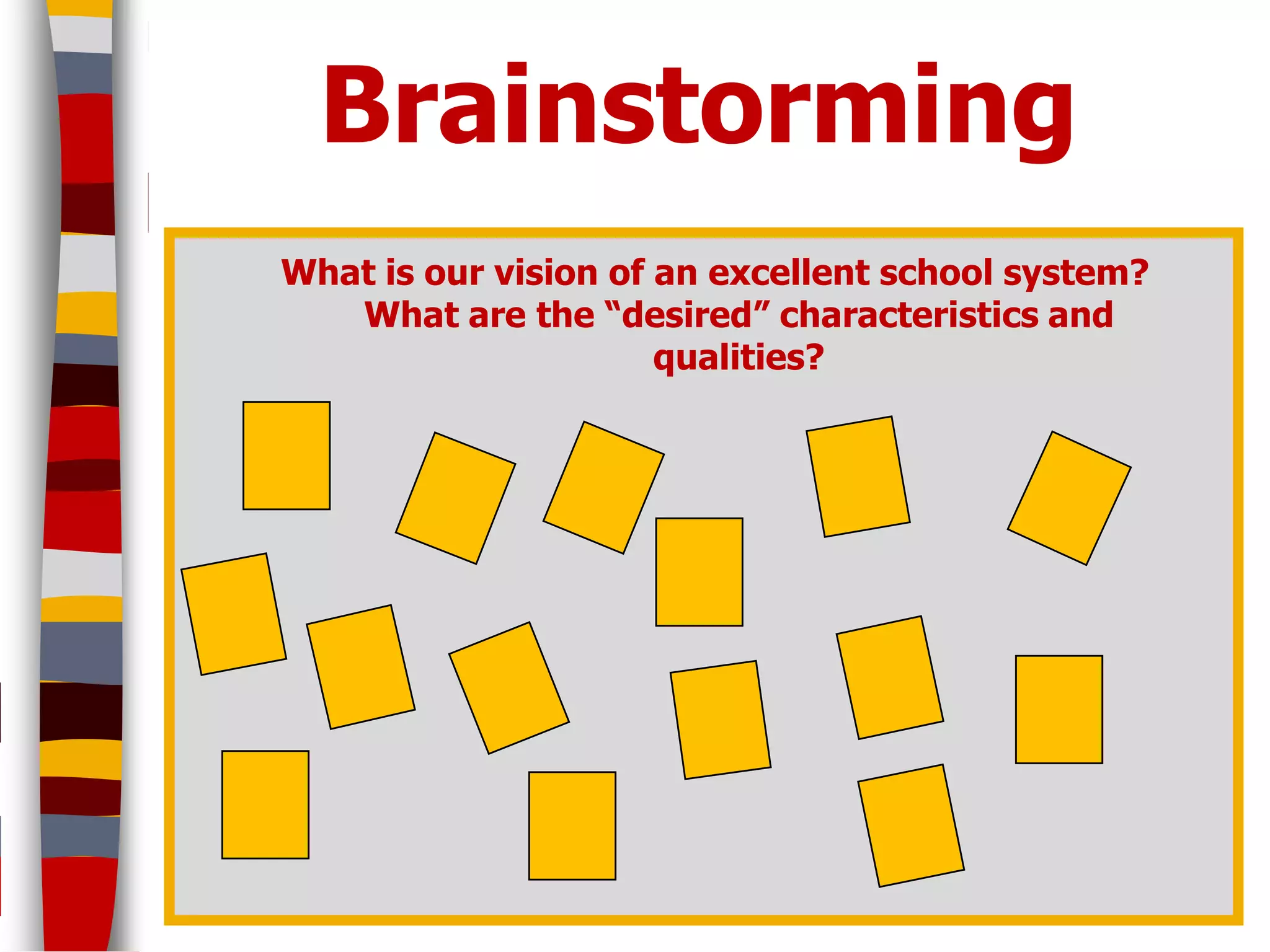 Brainstorming
What is our vision of an excellent school system?
   What are the “desired” characteristics and
                      qualities?




                                                    28
 