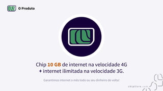 O Produto
Chip 10 GB de internet na velocidade 4G
+ internet ilimitada na velocidade 3G.
Garantimos internet o mês todo ou seu dinheiro de volta!
 