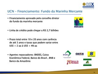 UCN – Financiamento: Fundo da Marinha Mercante

 Financiamento aprovado pelo conselho diretor
  do fundo da marinha mercante



 Linha de crédito pode chegar a R$ 2,7 bilhões



 Prazo total entre 18 e 20 anos com carência
  de até 3 anos e taxas que podem variar entre
  US$ + 2 aa à US$ + 4% aa



 Agentes repassadores: BNDES, Caixa
  Econômica Federal, Banco do Brasil , BNB e
  Banco da Amazônia



                                                  14
 