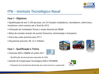 ITN – Instituto Tecnológico Naval

Fase I - Objetivos
 Qualificação de até 3.100 pessoas, em 23 funções (soldadores, montadores, eletricistas,
mecânicos, entre outros) até o final de 2012

 Utilização de instalações físicas e corpo docente do SENAI

 Bolsa de estudos através de auxilio financeiro, alimentação e transporte

 Inicio das aulas previsto para 4T11

 Orçamento previsto: R$ 12,7 milhões



Fase I – Qualificação e Treino                                  SENAI Campos
                                                                               SENAI São João da Barra

                                                                                                         SENAI Macaé
 Contrato OSX e FIRJAN em Julho 2011

 - Qualificação de pessoal para operação da UCN

 Acordo de Cooperação Tecnológica OSX e HYUNDAI

 - Programa de treinamento destinado aos níveis técnico e supervisão



                                                                                                                       27
 