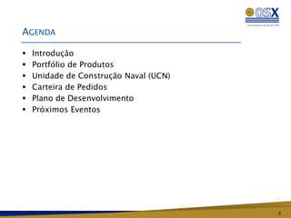 AGENDA

   Introdução
   Portfólio de Produtos
   Unidade de Construção Naval (UCN)
   Carteira de Pedidos
   Plano de Desenvolvimento
   Próximos Eventos




                                        2
 