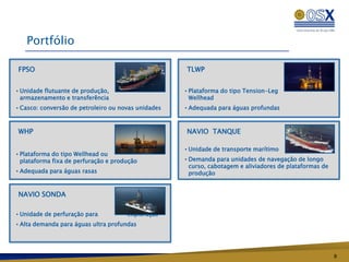 Portfólio

FPSO                                                 TLWP


• Unidade flutuante de produção,                     • Plataforma do tipo Tension-Leg
 armazenamento e transferência                        Wellhead
• Casco: conversão de petroleiro ou novas unidades   • Adequada para águas profundas



WHP                                                  NAVIO TANQUE

                                                     • Unidade de transporte marítimo
• Plataforma do tipo Wellhead ou
 plataforma fixa de perfuração e produção            • Demanda para unidades de navegação de longo
                                                      curso, cabotagem e aliviadores de plataformas de
• Adequada para águas rasas                           produção


NAVIO SONDA

• Unidade de perfuração para          exploração
• Alta demanda para águas ultra profundas




                                                                                                         8
 