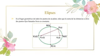 Elipses
⊳ Es el lugar geométrico de todos los puntos de un plano, tales que la suma de las distancias a otros
dos puntos f...