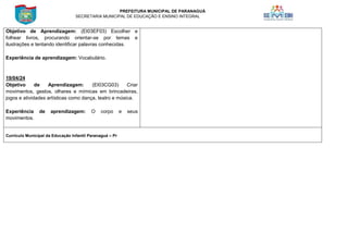 PREFEITURA MUNICIPAL DE PARANAGUÁ
SECRETARIA MUNICIPAL DE EDUCAÇÃO E ENSINO INTEGRAL
Objetivo de Aprendizagem: (EI03EF03) Escolher e
folhear livros, procurando orientar-se por temas e
ilustrações e tentando identificar palavras conhecidas.
Experiência de aprendizagem: Vocabulário.
19/04/24
Objetivo de Aprendizagem: (EI03CG03) Criar
movimentos, gestos, olhares e mímicas em brincadeiras,
jogos e atividades artísticas como dança, teatro e música.
Experiência de aprendizagem: O corpo e seus
movimentos.
Currículo Municipal da Educação Infantil Paranaguá – Pr
 