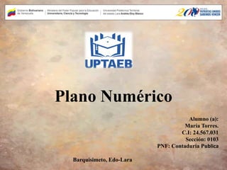 Plano Numérico
Alumno (a):
María Torres.
C.I: 24.567.031
Sección: 0103
PNF: Contaduría Publica
Barquisimeto, Edo-Lara
 