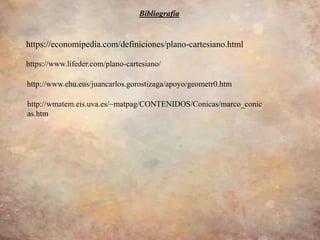 Bibliografía
https://economipedia.com/definiciones/plano-cartesiano.html
https://www.lifeder.com/plano-cartesiano/
http://www.ehu.eus/juancarlos.gorostizaga/apoyo/geometr0.htm
http://wmatem.eis.uva.es/~matpag/CONTENIDOS/Conicas/marco_conic
as.htm
 