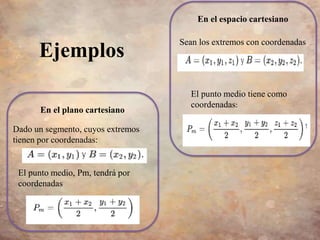 Dado un segmento, cuyos extremos
tienen por coordenadas:
El punto medio, Pm, tendrá por
coordenadas
En el plano cartesiano
Sean los extremos con coordenadas
En el espacio cartesiano
El punto medio tiene como
coordenadas:
Ejemplos
 
