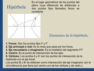 Hipérbola
Es el lugar geométrico de los puntos del
plano cuya diferencia de distancias a
dos puntos fijos llamados focos es
constante.
Elementos de la hipérbola:
1. Focos: Son los puntos fijos F y F'.
2. Eje principal o real: Es la recta que pasa por los focos.
3. Eje secundario o imaginario: Es la mediatriz del segmento FF'.
4. Centro: Es el punto de intersección de los ejes.
5. Vértices: Los puntos A y A' son los puntos de intersección de la
hipérbola con el eje focal.
Los puntos B y B' se obtienen como intersección del eje imaginario con la
circunferencia que tiene por centro uno de los vértices y de radio c.
 